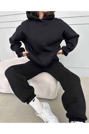 Basic Düz Eşofman Takımı Sweatshirt Jogger - Siyah Oversize Şardonlu Kapüşonlu