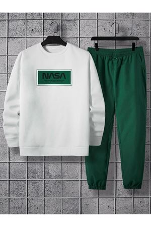 Nasa Unkown Eşofman Takımı Sweatshirt Jogger - Beyaz Nefti Yeşil Baskılı Şardonlu Bisiklet Yaka