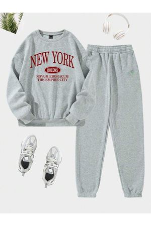 New York Queens Eşofman Takımı Sweatshirt Jogger - Gri Baskılı Oversize Şardonlu Bisiklet Yaka