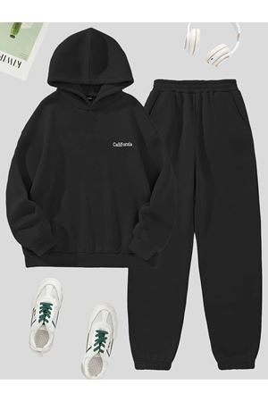 California Yazılı Eşofman Takımı Sweatshirt Jogger - Siyah Baskılı Oversize Şardonlu Kapüşonlu