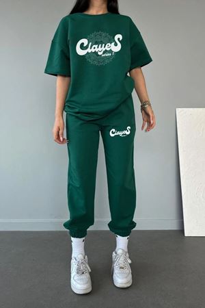 Series T-shirt Eşofman Altı Jogger- Yeşil Baskı Alt Üst Eşofman Takımı Oversize Bisiklet Yaka