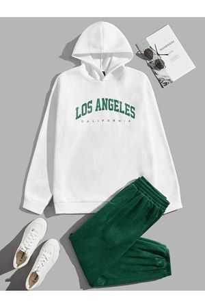 Los Angeles Eşofman Takımı Beyaz Sweatshirt Yeşil Jogger - Baskılı Oversize Şardonlu Kapüşonlu