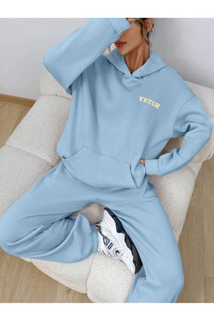 Fetch Eşofman Takımı Sweatshirt Jogger - Bebe Mavisi Baskılı Oversize Şardonlu Kapüşonlu