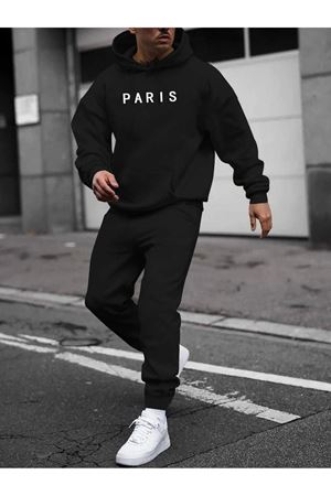 Paris Yazı Eşofman Takımı Sweatshirt Jogger -Siyah Baskılı Oversize Şardonlu Kapüşonlu