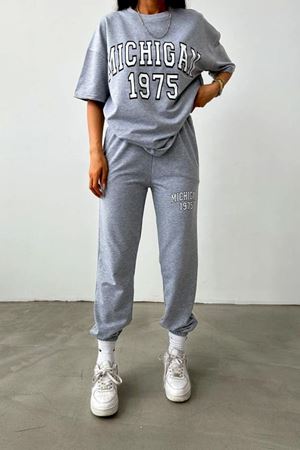 T-shirt Eşofman Altı Jogger- Gri Baskılı Alt Üst Eşofman Takımı Oversize Bisiklet Yaka