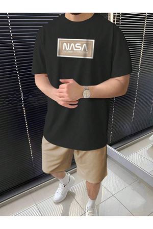Nasa Summer T-Shirt Şort - Siyah Bej Şort Tişört Takım Baskılı Oversize Bisiklet Yaka