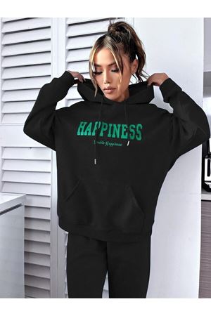 Happiness Eşofman Takımı Sweatshirt Jogger - Siyah Baskılı Oversize Şardonlu Kapüşonlu