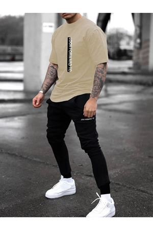 Look Forward Bej T-shirt Siyah Eşofman Alt Jogger Baskı Alt Üst Eşofman Takım Oversize Bisiklet Yak