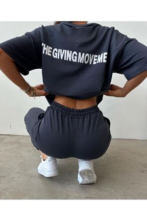 Movement T-shirt Eşofman Altı Jogger- Mavi Baskılı Alt Üst Eşofman Takım Oversize Bisiklet Yaka