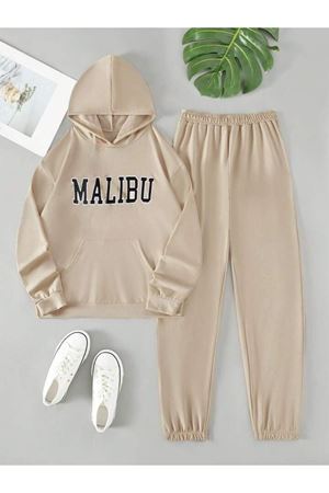 Malibu Eşofman Takımı Sweatshirt Jogger - Bej Baskılı Oversize Şardonlu Kapüşonlu