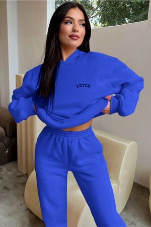 Fetch Eşofman Takımı Sweatshirt Jogger - Sax Mavi Baskılı Oversize Şardonlu Kapüşonlu