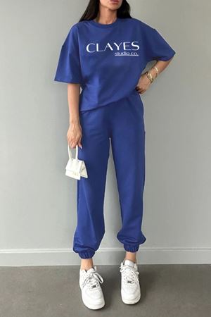 Studio Co Baskılı Saks Mavi T-shirt Eşofman Altı Takım - Oversize bisiklet yaka