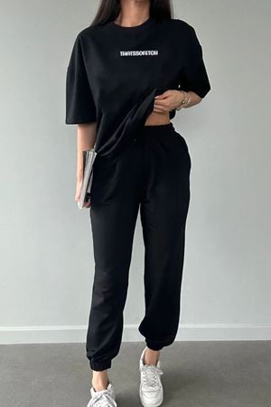 Thatssofetch T-shirt Eşofman Altı Jogger - Siyah Baskı Alt Üst Eşofman Takımı Oversize Bisiklet Yak
