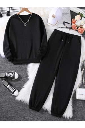 Baskısız Düz Eşofman Takımı Sweatshirt Jogger - Syah Oversize Şardonlu Bisiklet Yaka