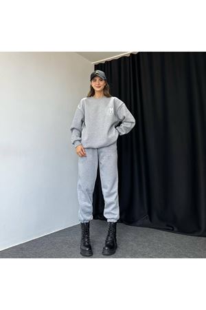 M Melbourne Eşofman Takımı Sweatshirt Jogger - Gri Baskılı Oversize Şardonlu Bisiklet Yaka