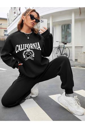 Tenis California Eşofman Takımı Sweatshirt Jogger - Siyah Baskılı Oversize Şardonlu Bisiklet Yaka