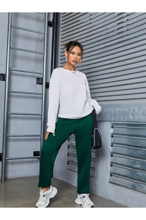 Basic Düz Eşofman Takımı Beyaz Sweatshirt Yeşil Jogger - Oversize Şardonlu Bisiklet Yaka
