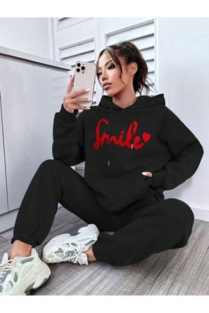 Smile Eşofman Takımı Sweatshirt Jogger - Siyah Baskılı Oversize Şardonlu Kapüşonlu