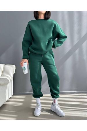 Baskısız Eşofman Takımı Sweatshirt Jogger - Yeşil Oversize Şardonlu Bisiklet Yaka