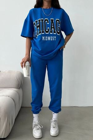 Chicago T-shirt Eşofman Altı Jogger- Mavi Baskılı Alt Üst Eşofman Takımı Oversize Bisiklet Yaka