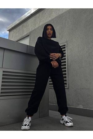 Baskısız Eşofman Takımı Sweatshirt Jogger - Siyah Oversize Şardonlu Bisiklet Yaka