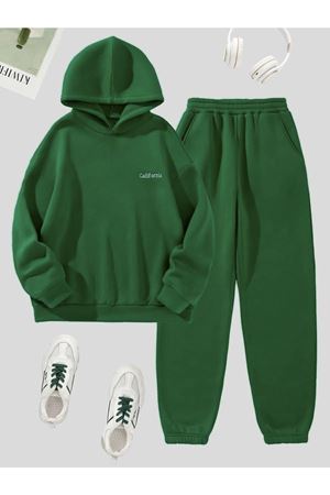 California Minimal Yazı Eşofman Takımı Sweatshirt Jogger - Yeşil Baskılı Oversize Şardonlu Kapüşonl