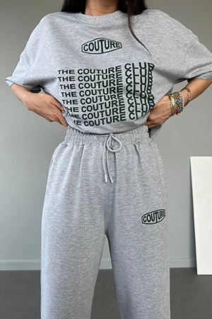 Couture Club T-shirt Eşofman Altı Jogger- Gri Baskılı Alt Üst Eşofman Takım Oversize Bisiklet Yaka