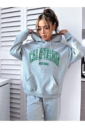 California West Coast Eşofman Takımı Sweatshirt Jogger - Gri Baskılı Oversize Şardonlu Kapüşonlu