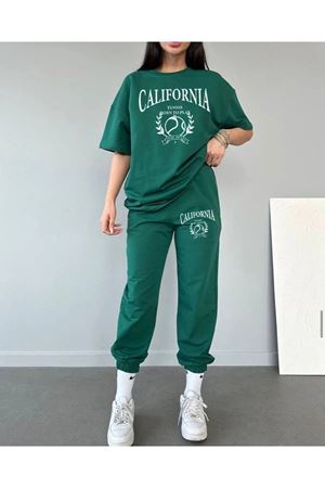 California Tenis T-shirt Eşofman Altı Jogger- Yeşil Baskılı Alt Üst Eşofman Takım Oversize Bisiklet