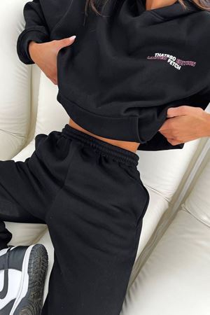 Thatsso Edition %100 Pamuk Eşofman Takımı - Siyah Baskılı Kışlık Polarlı Kapüşonlu