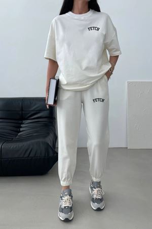 Fetch T-Shirt Eşofman Altı Jogger- Beyaz Baskı Alt Üst Eşofman Takımı Oversize Bisiklet Yaka