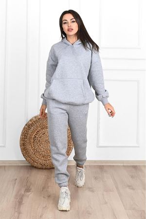 Düz Basic Eşofman Takımı Sweatshirt Jogger - Gri Oversize Şardonlu Kapüşonlu