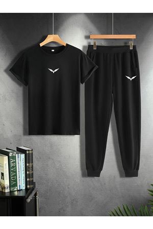 Kanat T-shirt Eşofman Altı Jogger - Siyah Baskılı Alt Üst Takım Oversize Bisiklet Yaka