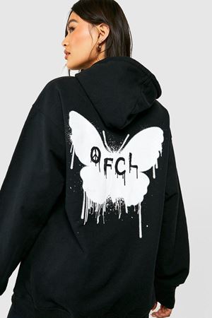 Siyah Butterfly Oversize Sweatshirt - Baskılı Oversize Kapüşonlu