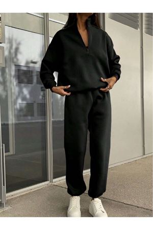 Basic Düz Fermuarlı Eşofman Takımı Sweatshirt Jogger - Siyah Oversize Şardonlu Dik Yaka