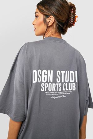 Füme Oversize Dsgn Sports Club T-shirt - Oversize Baskılı