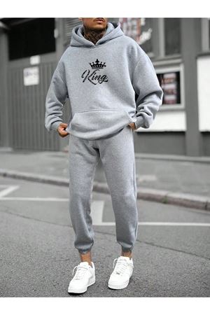 King Taç Eşofman Takımı Sweatshirt Jogger - Gri Baskılı Oversize Şardonlu Kapüşonlu