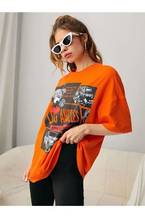 Ayıcık Los Angeles T-shirt - Turuncu Baskılı Oversize Bisiklet Yaka Kısa Kol Tişört