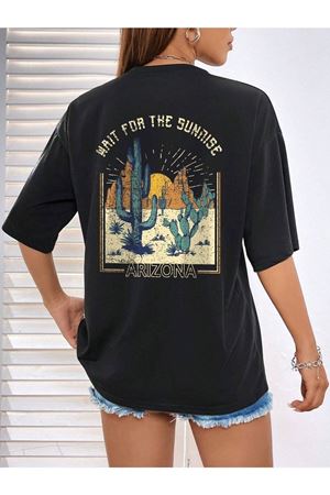 Arizona Sunrise T-shirt - Siyah Oversize Baskılı Bisiklet Yaka