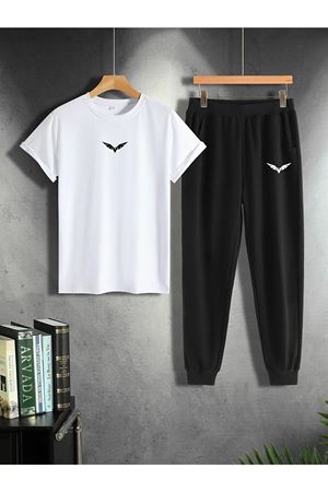 Kanat Beyaz T-shirt Siyah Eşofman Altı Jogger - Baskılı Alt Üst Takım Oversize Bisiklet Yaka