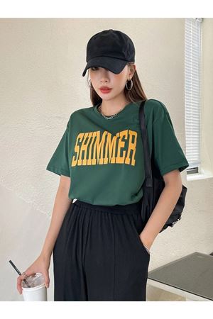 Kadın Yeşil Oversize Shimmer T-shirt - Oversize Baskılı