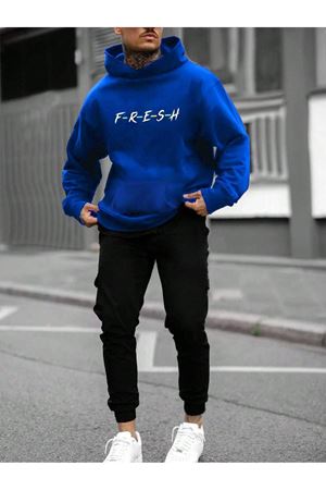 Fresh Eşofman Takımı Sweatshirt Jogger - Sax Mavi Siyah Baskılı Şardonlu Kapüşonlu