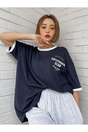 California Club Parçalı Süprem T-Shirt - Lacivert Beyaz Oversize Bisiklet Yaka Kısa Kol Tişört