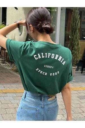 California Aurora Süprem T-Shirt - Nefti Yeşil Baskılı Oversize Bisiklet Yaka Kısa Kol Tişört