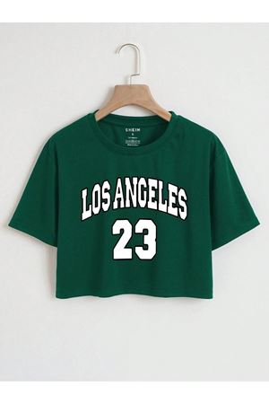 Los Angeles 23 Crop - Nefti Yeşil Baskılı Oversize Bisiklet Yaka