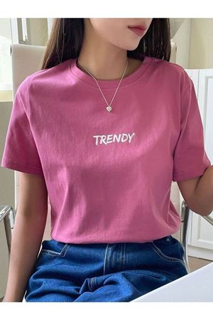 Trendy T-Shirt - Pembe Oversize Baskılı Bisiklet Yaka