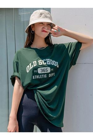 Kadın Yeşil Oversize Old School T-shirt - Oversize Baskılı