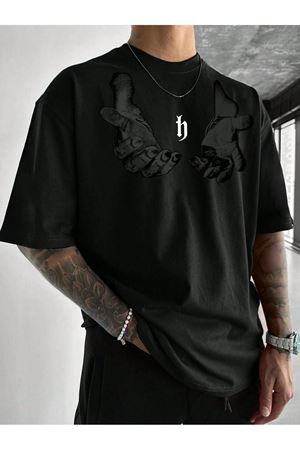 Erkek El Baskı Oversize Siyah Baskılı T-shirt - Bisiklet Yaka Kısa Kol Rahat Kalıp Tişört