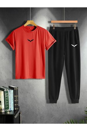 Kanat Kırmızı T-Shirt Siyah Eşofman Altı Jogger - Baskılı Alt Üst Takım Oversize Bisiklet Yaka