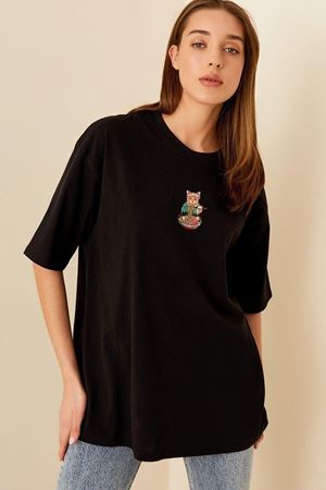 Şef Kedicik T-shirt - Siyah Baskılı Oversize Bisiklet Yaka Kısa Kol Tişört